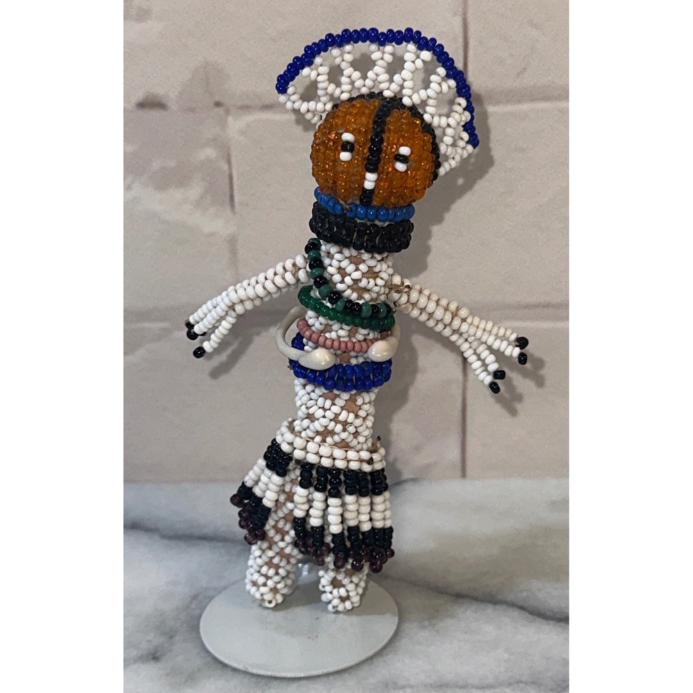 African Beaded Ndebele Doll South African Folk Art Fertility Figurine with Stand